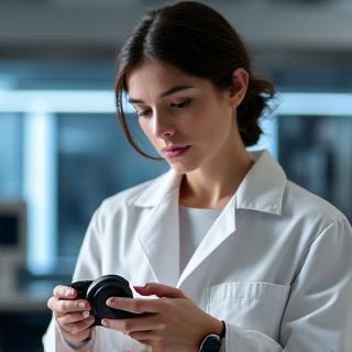 Eleanor Vance, Head of Curation, reviewing high-end audio equipment in a meticulous lab setting.