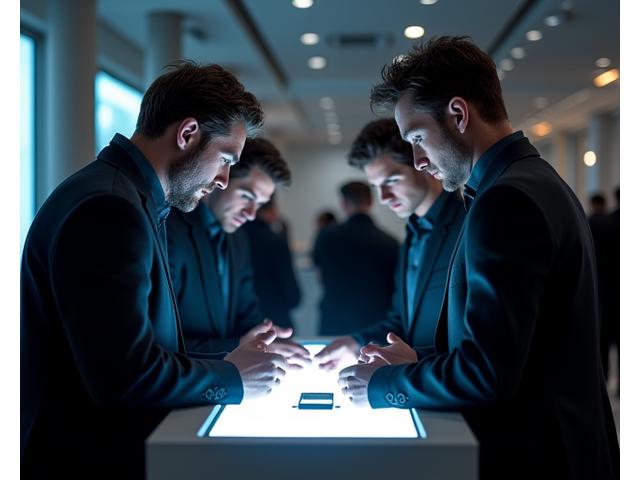 Group of affluent men attending an exclusive product launch event, admiring a new luxury smartphone