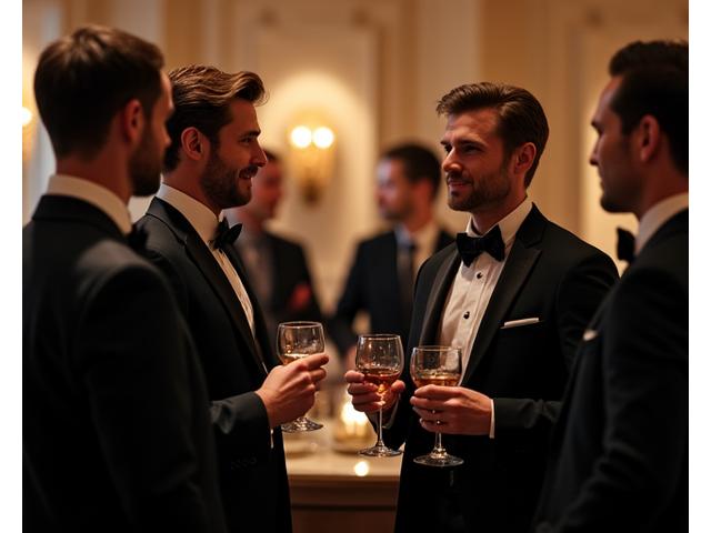 Wealthy men networking at a luxurious event, holding drinks and engaging in discussion with ambient lighting