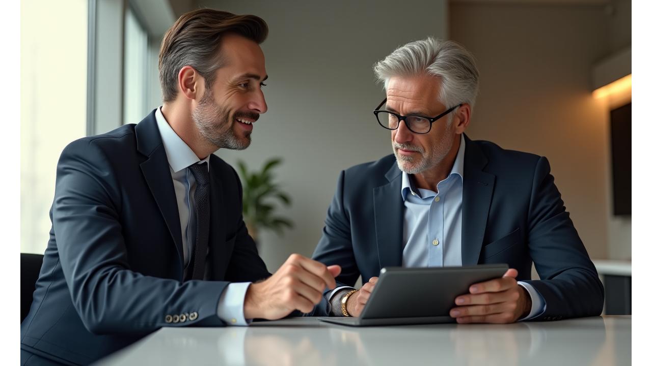 A sophisticated man in a bespoke suit engaged in a personalized tech consultation, pointing at a sleek, minimalist tablet with a consultant.