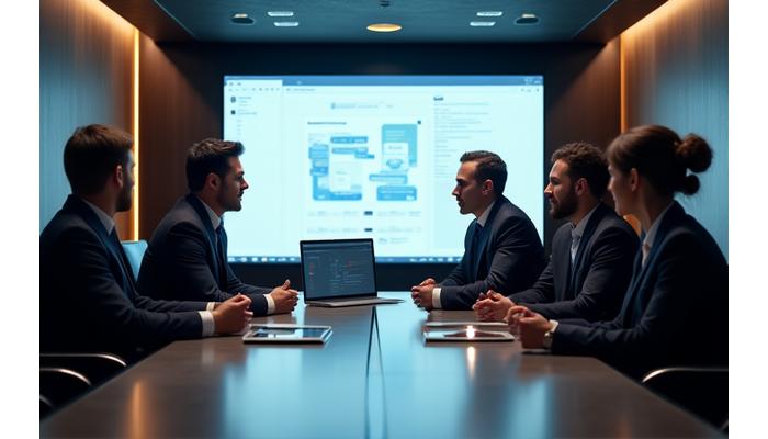 A diverse group of executives in a modern boardroom, focused on a presentation, representing ongoing advisory services.