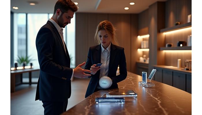 A luxurious, modern showroom interior with a tech expert demonstrating a device to a client.