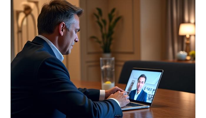A man engaged in a virtual consultation on a premium laptop, screen showing a tech expert.