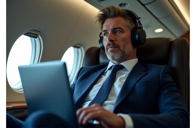 A sophisticated businessman working on a laptop while comfortably seated in a first-class airplane cabin or private jet, wearing high-end headphones. The scene is calm, focused, and luxurious.