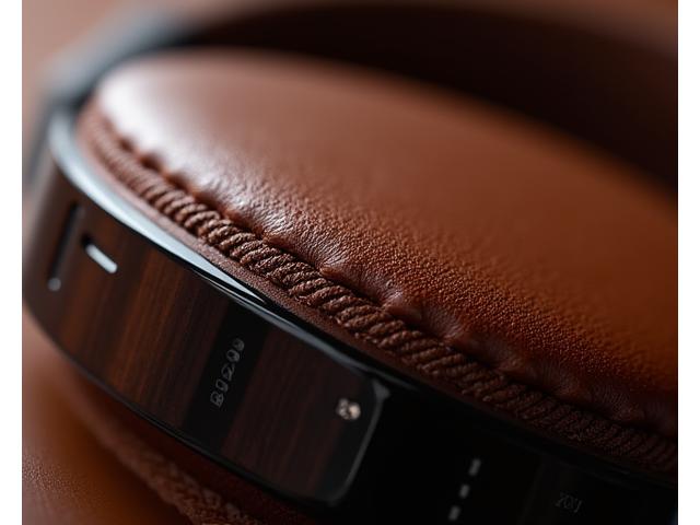A close-up, macro shot emphasizing the exquisite materials of a luxury headphone, perhaps a finely stitched leather ear cup or a polished exotic wood accent. The focus is on texture and high-quality finish, with soft, directional lighting.
