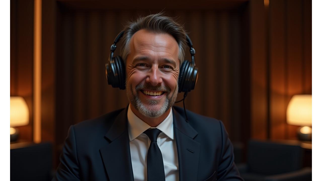 A sophisticated man in a luxurious, modern listening room, wearing exquisite over-ear headphones, a subtle smile of appreciation on his face. The room features dark wood panels, ambient lighting, and refined decor, emphasizing an immersive audio experience.