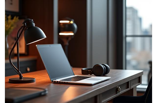 A stylish home office setup with a high-end laptop, minimalist desk decor, and premium headphones elegantly placed, suggesting a perfect environment for deep work or creative pursuits.