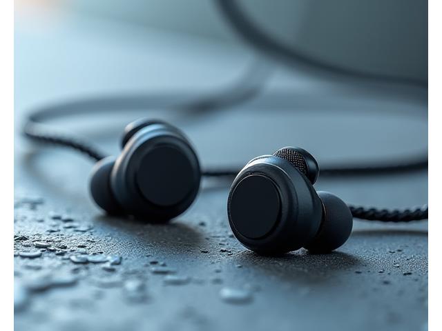 A meticulously arranged set of premium in-ear monitors with braided cables, presented on a minimalist stone surface, suggesting portability and discreet luxury. The background is softly blurred emphasizing the intricate design.