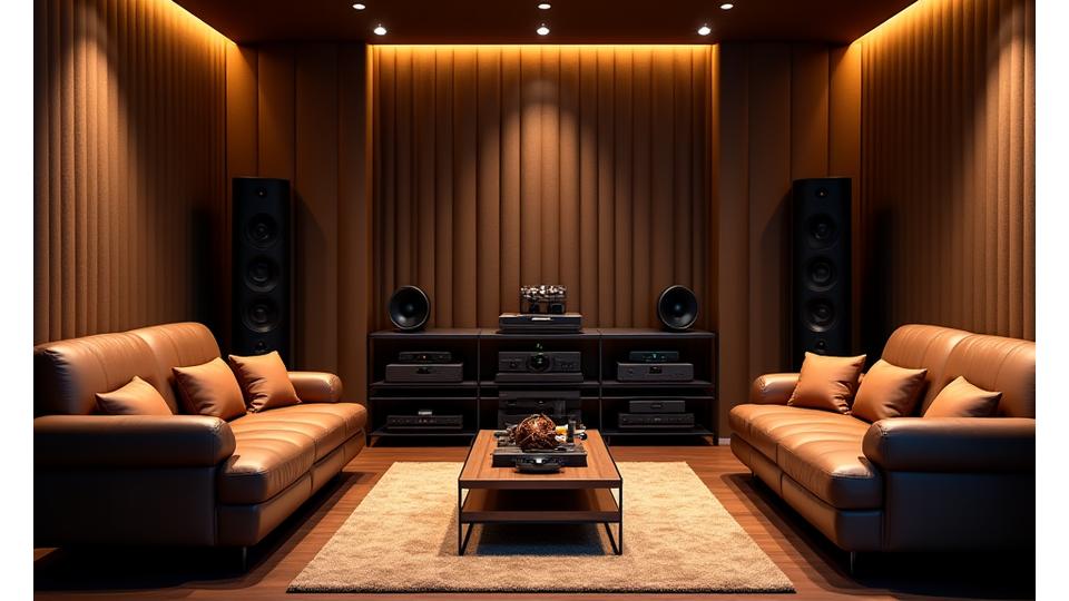 A dimly lit, luxurious private listening room with comfortable leather seating, acoustic paneling, and an array of high-end audio equipment carefully displayed, with soft, inviting lighting. No people are present, focusing on the ambiance.