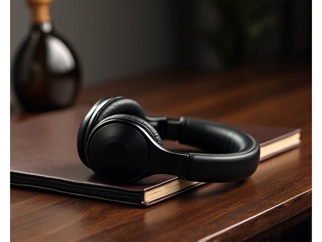 A pair of high-end, dark metallic over-ear headphones resting on a polished dark wood desk next to a leather-bound journal, hinting at critical listening and sophisticated work. Soft, directed light highlights the intricate details of the headphones.