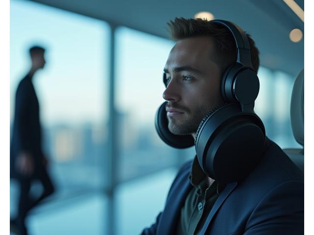 Sleek, modern wireless headphones shown in a dynamic, action-oriented shot, perhaps being worn by a stylish man walking through a modern urban environment or a private jet interior, embodying freedom and advanced noise cancellation.