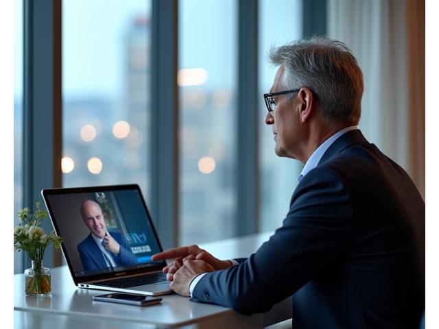 An executive on a video conference call using a ultra-thin laptop, showcasing seamless 5G connectivity in a modern office.