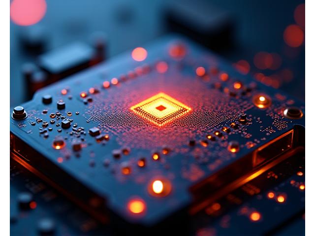 A highly detailed schematic of a microchip with glowing circuits in a dark, futuristic laboratory setting, symbolizing deep technical analysis.