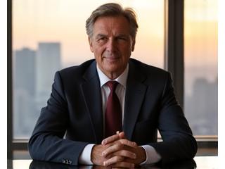 A CEO of a luxury tech company in a sleek office, engaged in a confident conversation.