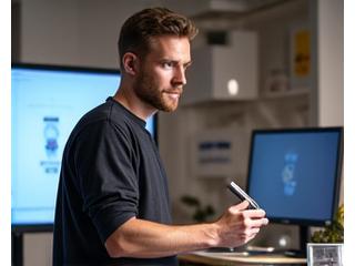 A lead product designer presenting a sleek, innovative gadget prototype on a tablet to a small team in a modern design studio.