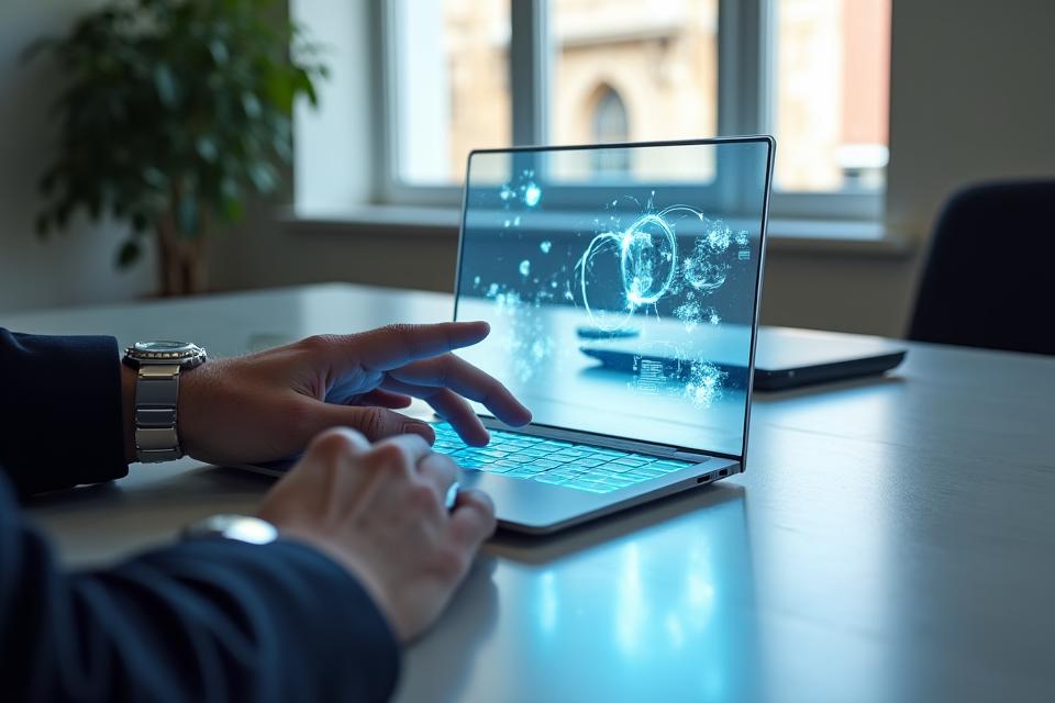 Augmented reality projection of a luxury laptop on a modern desk, blending seamlessly with the physical environment