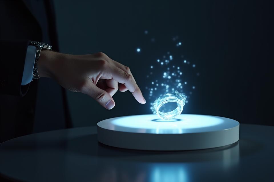 Person's hand reaching towards a holographic projection of an unreleased luxury gadget