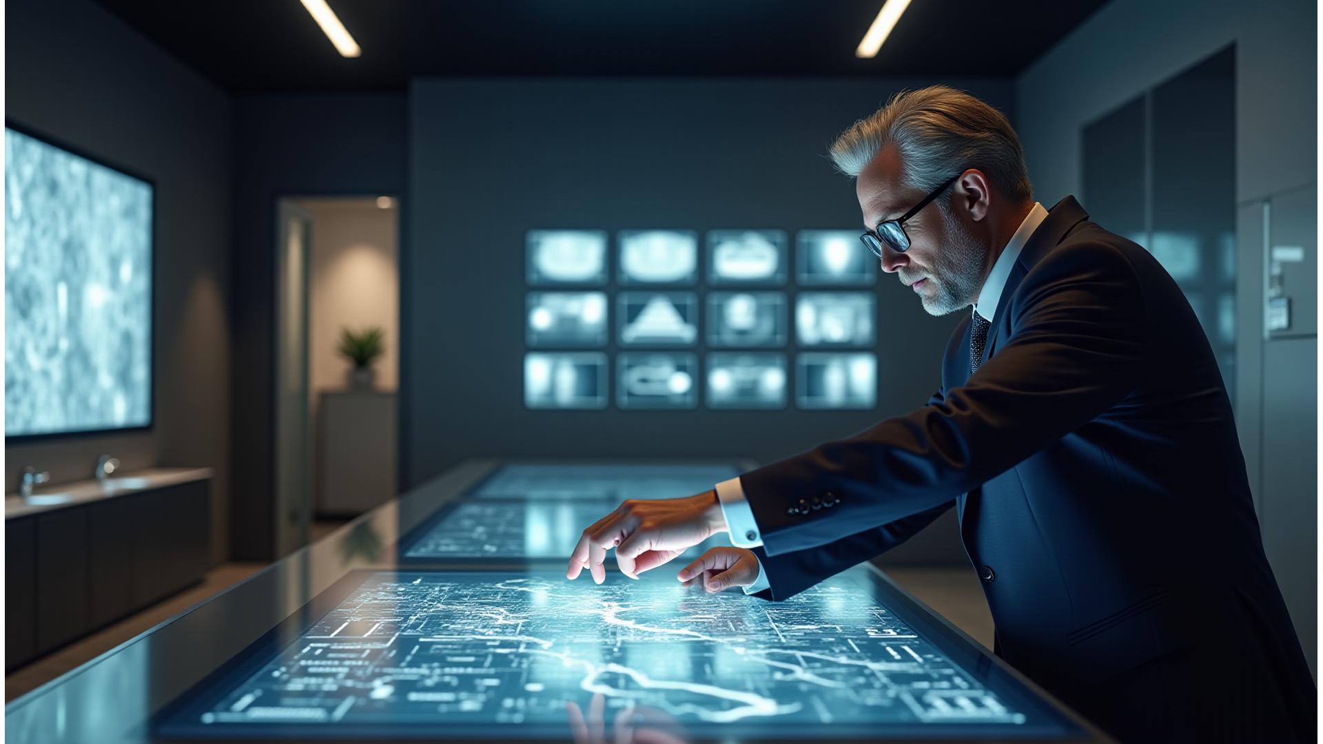 Sophisticated executive interacting with projected virtual data in an immersive, minimalist showroom environment