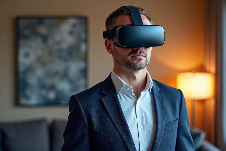Man wearing a sleek VR headset exploring a futuristic virtual showroom with luxury gadgets