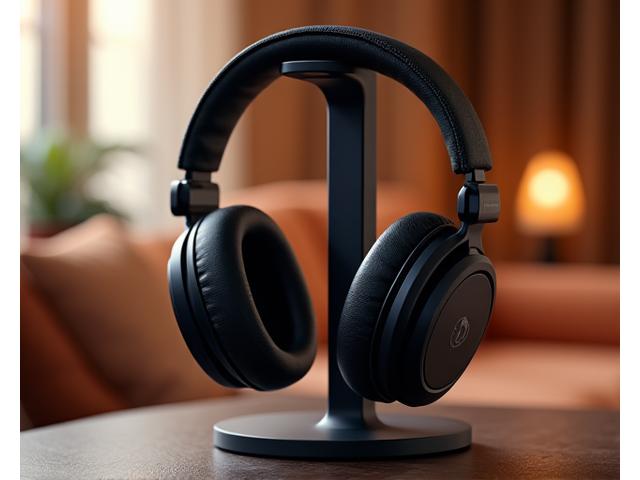High-end over-ear headphones on a minimalist stand inside a luxury studio