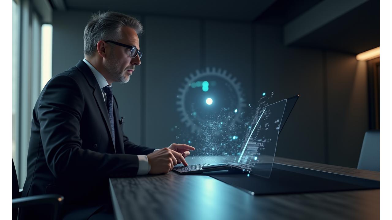 Sophisticated businessman observing a 3D rendered abstract luxury gadget interface, showcasing innovation.