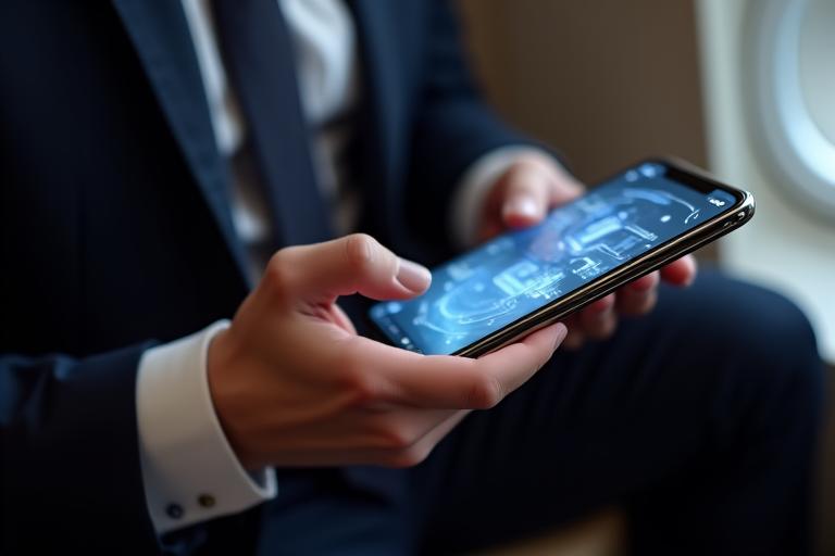 Man holding a premium, sleek smartphone with a minimalist interface in a modern setting
