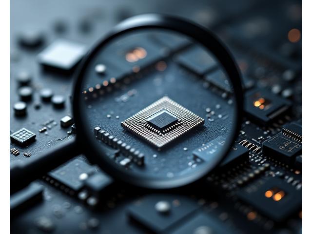 Magnifying glass over a microchip with digital verification overlay