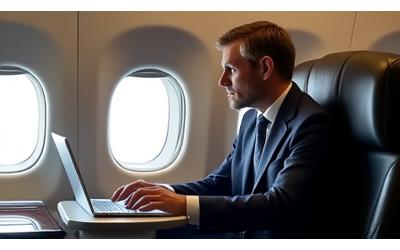 Dr. Alistair Finch, a global consulting partner, working on a laptop while traveling, perhaps in a business lounge or airport