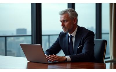 Mr. Jonathan Thorne, a sophisticated CEO, in an elegant office setting next to a high-end laptop