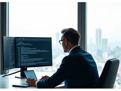 Executive working on two laptops at a beautifully arranged desk, demonstrating multi-monitor support
