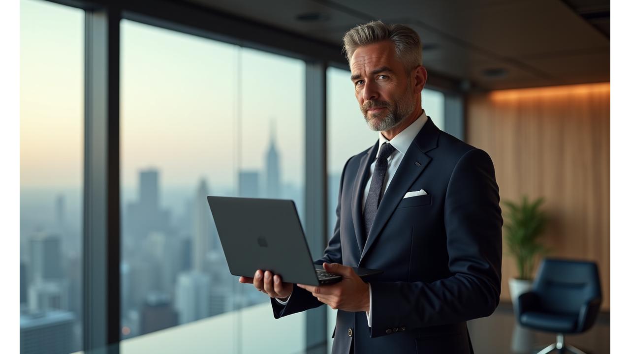 Executive holding a sleek, premium laptop in a modern, sophisticated office