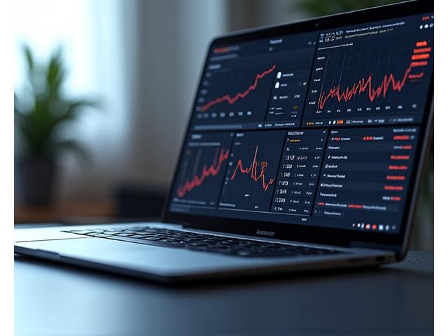 Close-up of a laptop screen displaying complex data visualizations and performance metrics