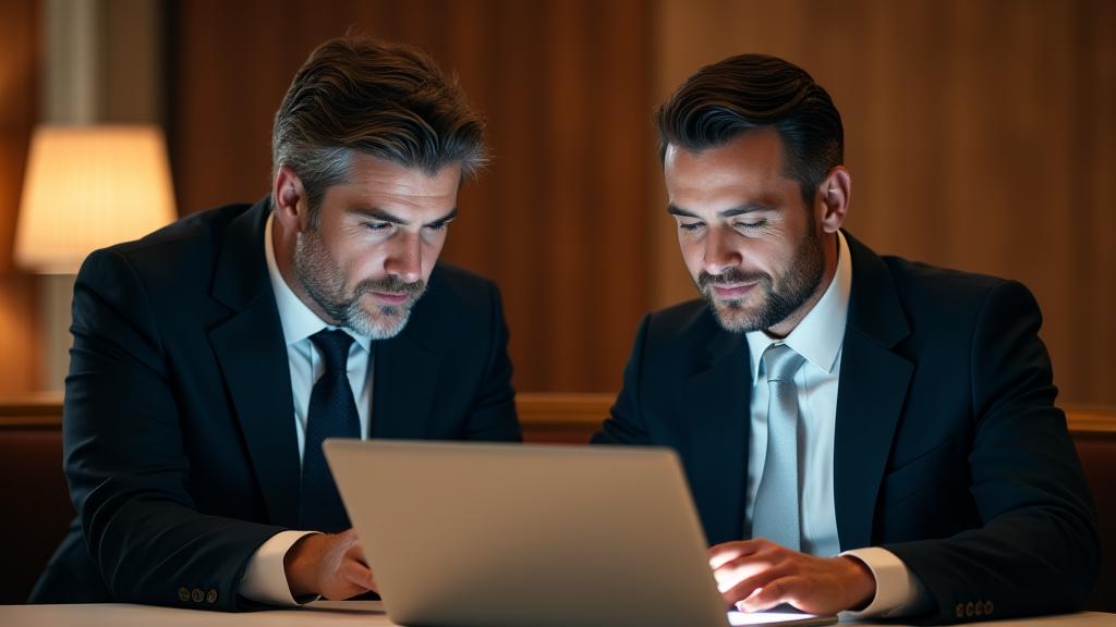 A Luxury Gadgets concierge specialist assisting an executive with a laptop in a sophisticated office setting