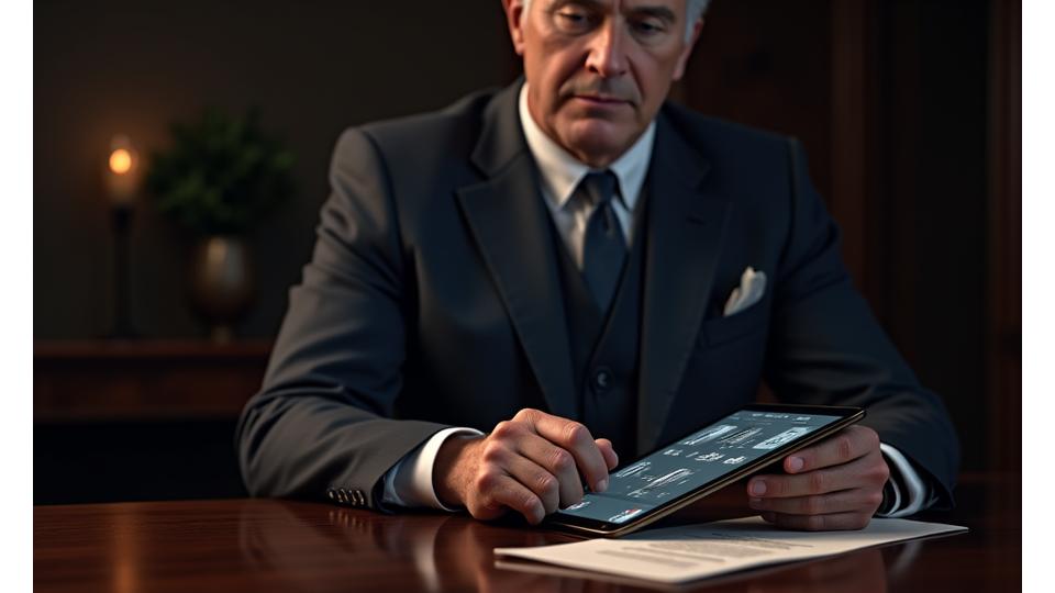 A sophisticated man inspecting a privacy agreement document with a secured tablet, illustrating trust and data protection.
