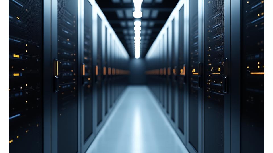 A highly secure server room with glowing lights, depicting advanced data protection infrastructure and cyber security.