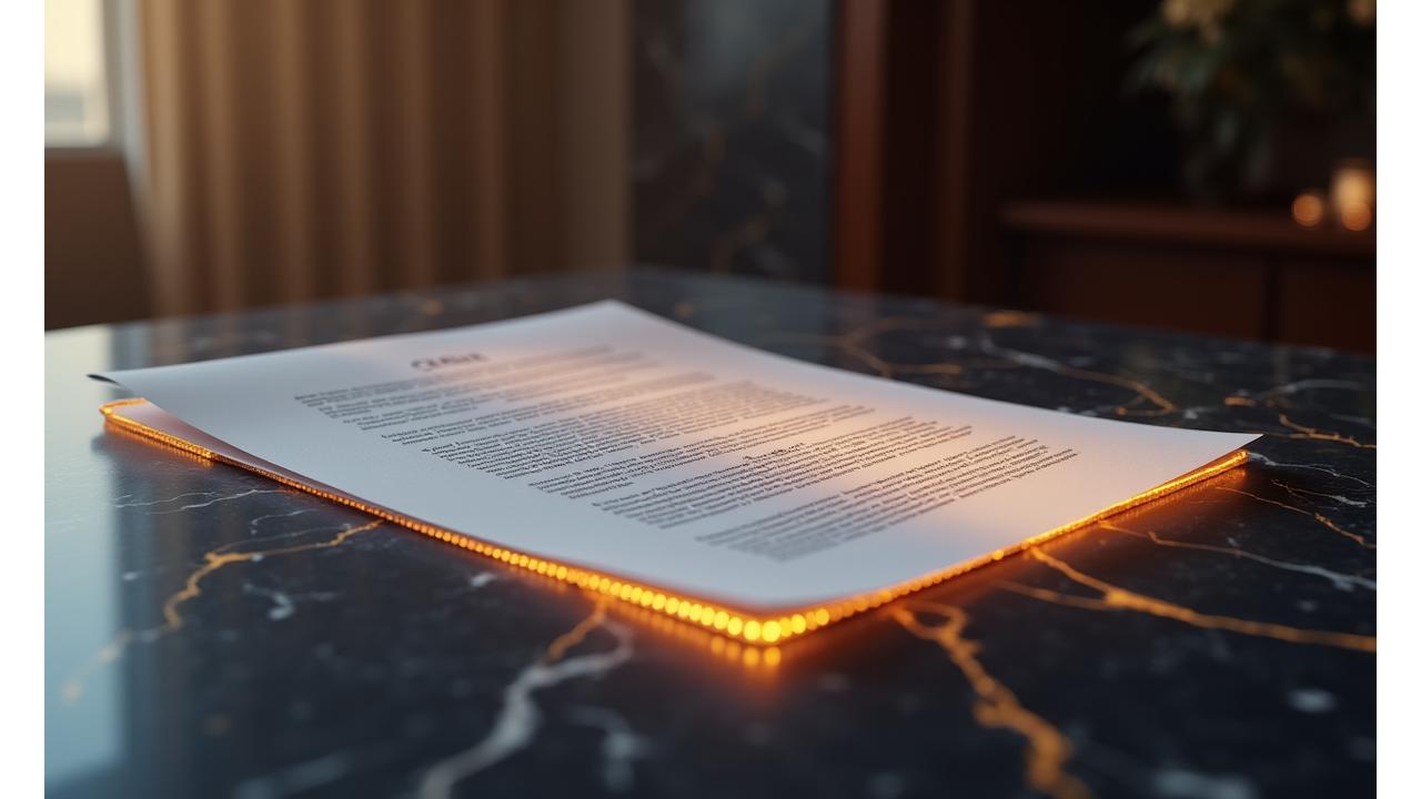 Abstract legal document glowing on a sophisticated and minimalist background, symbolizing clarity and security in luxury gadget investments.