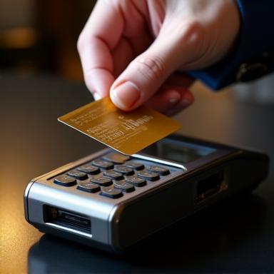A sophisticated hand placing a luxury credit card into a sleek, metallic digital payment terminal, signifying secure transactions.