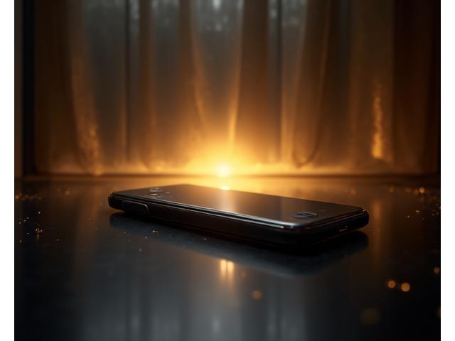 A high-resolution image of a luxury smartphone resting on a polished dark desk, surrounded by subtle, shimmering golden light that emanates from behind, symbolizing product quality and trusted assurance.
